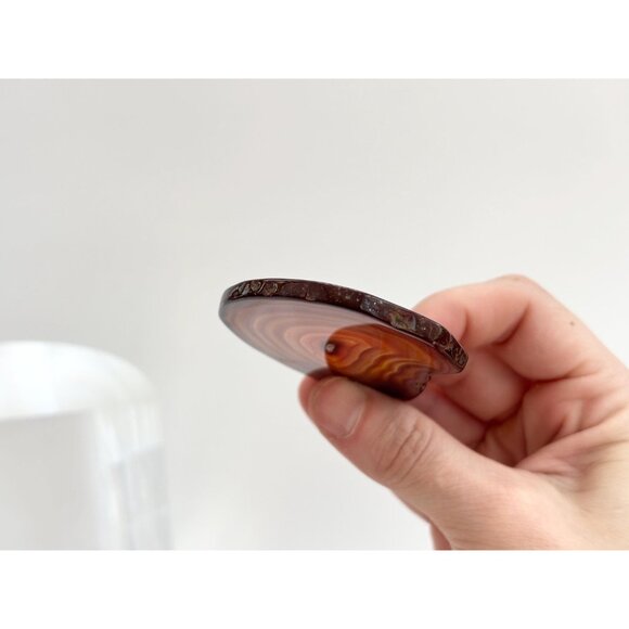 Brown Sliced Agate Stone Freeform Shaped Large Silver Toned Vintage Pendant - Picture 8 of 11